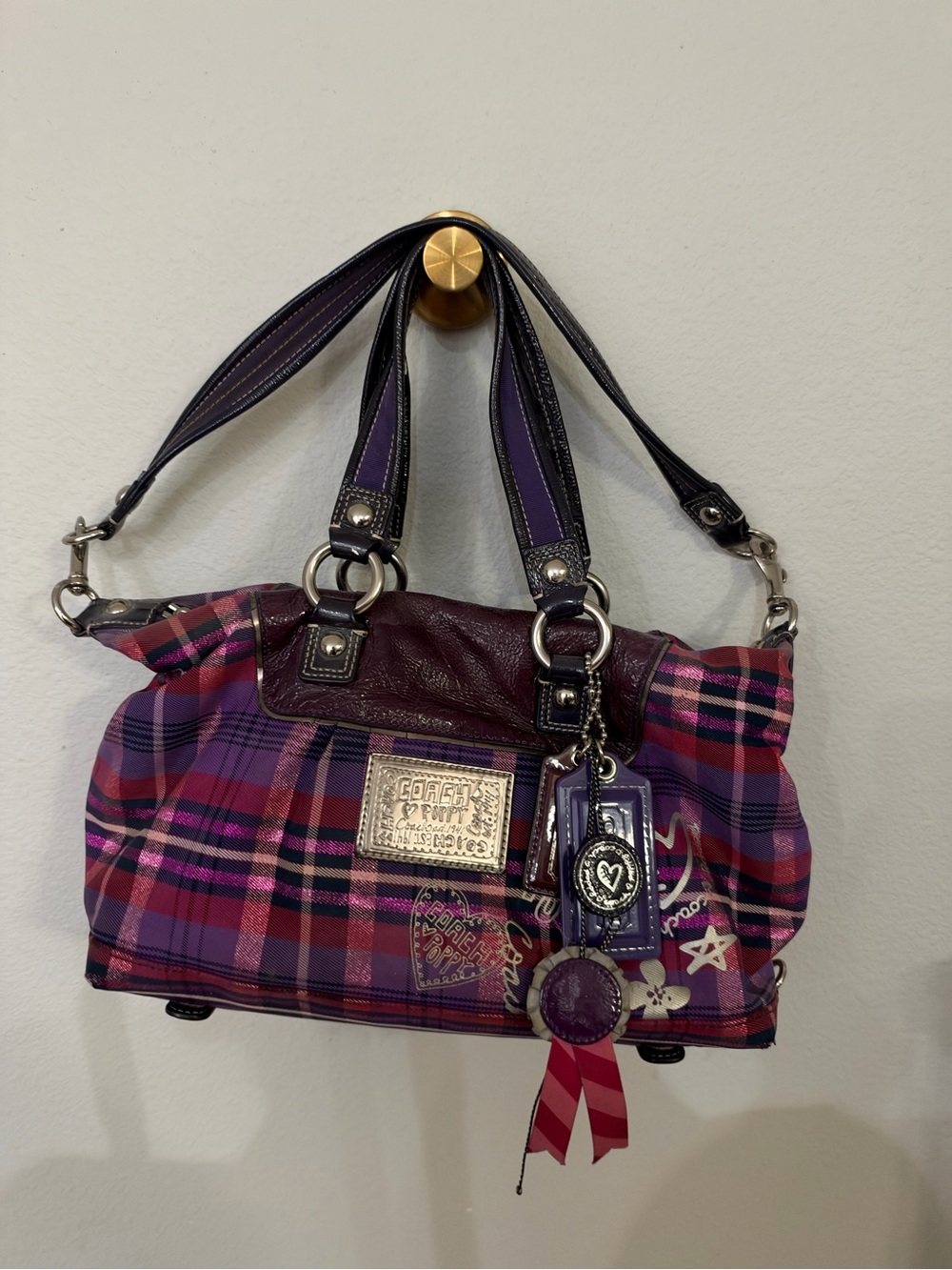 Coach Y2K Plaid Rare HTF Purple Leather-Trim Shoulder Bag/Satchel Poppy